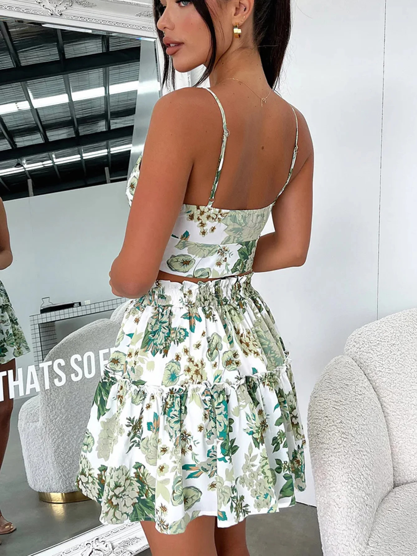Womens Floral Cami Top And Ruffle Hem Skirt 2pcs Setback to schoolwedding guest dress women 260306