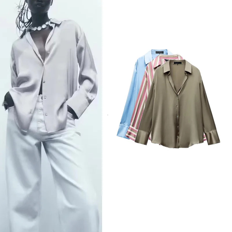 Classic Silk Satin Feel irt Spring Collection Long Sve Polyester Fabric Womens Premium Faion Regular Length 260228