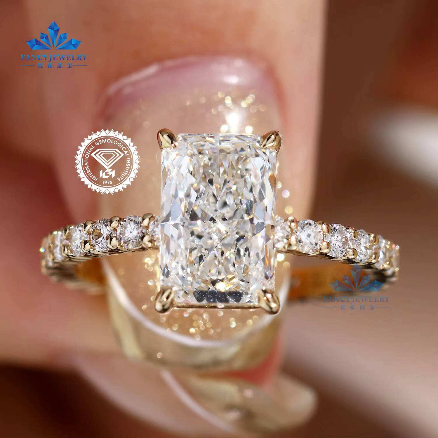 10K Solid Gold Radiant Cut Solitaire VVS VS IGI Certified Lab Grown Diamond Womens Halo Engagement Ring