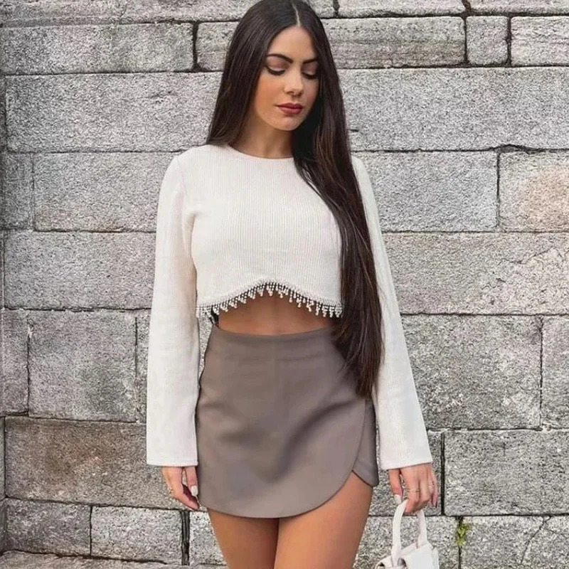 HXAO Womens Skort High Waist Brown Skirt Pants Stylish Summer Pink Black Mini Skirt Shorts Asymmetric Casual Off White Skort 260228