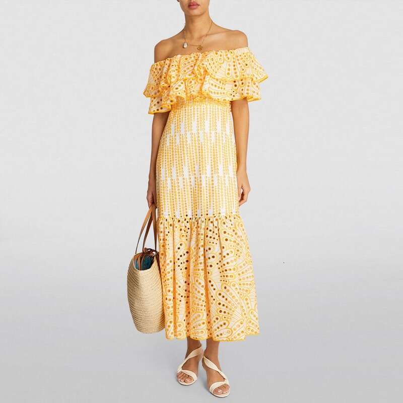 2026 summer niche fashion brand goddess off shoulder pleated embroidery hollowed out large swing fairy vacation long skirt