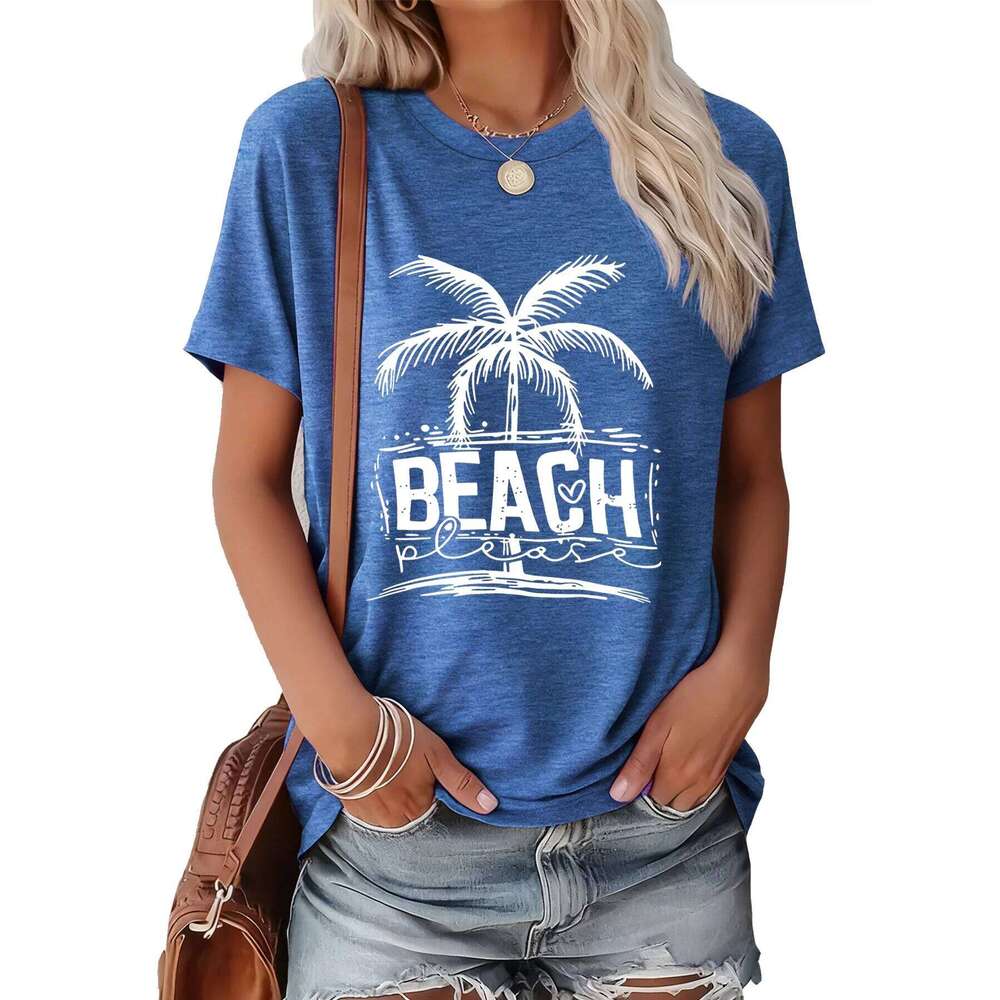 Women's Summer Tee "BEACH please" White Palm Tree Print Soft & Comfy Casual Outings/Gatherings Gift | Multi-Color XJ260306 XJ260306