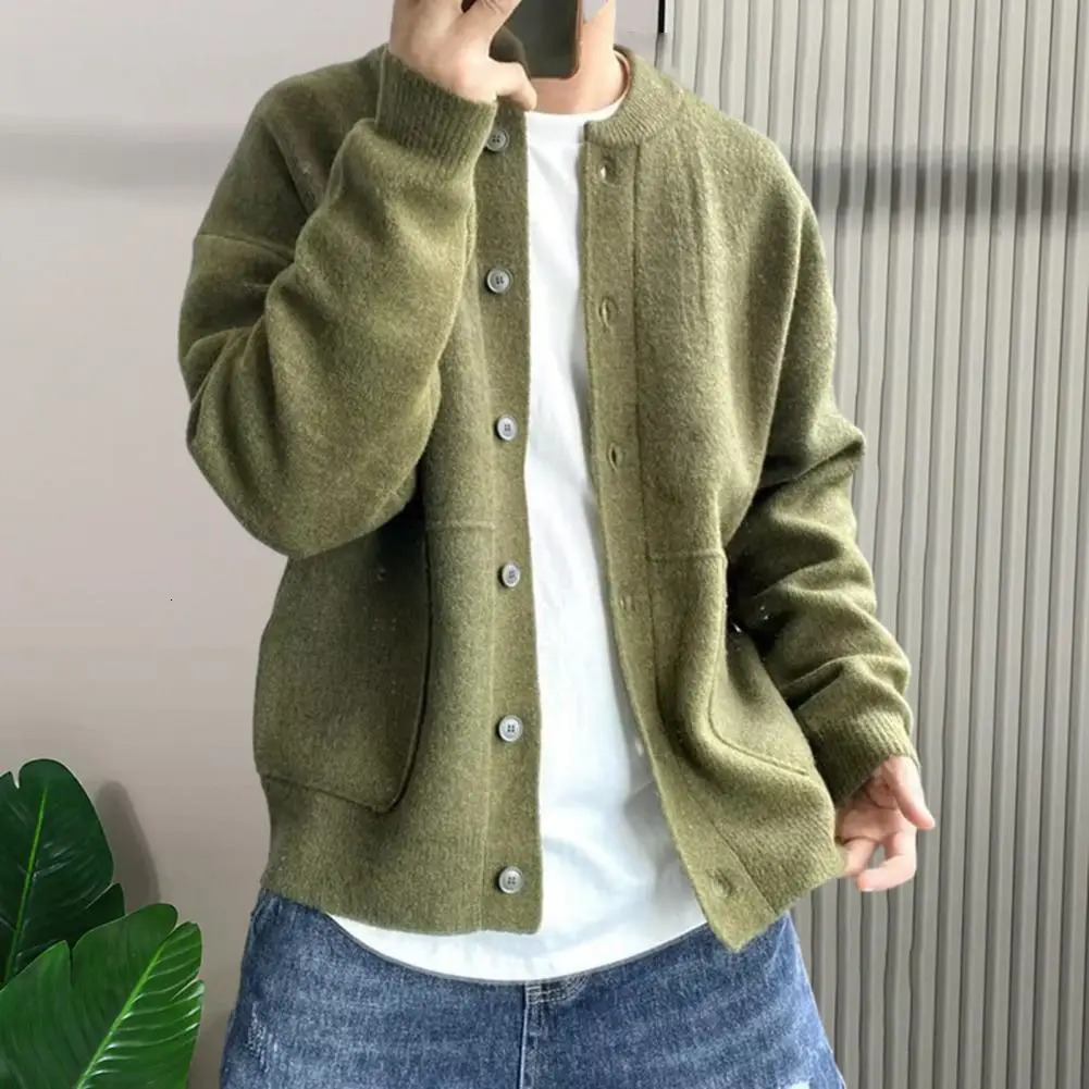 Sweater Coat Mens Round Neck Knitted Cardigan Sweater with Single-breasted Closure Solid Color Long Sleeve Coat for Warmth 260306