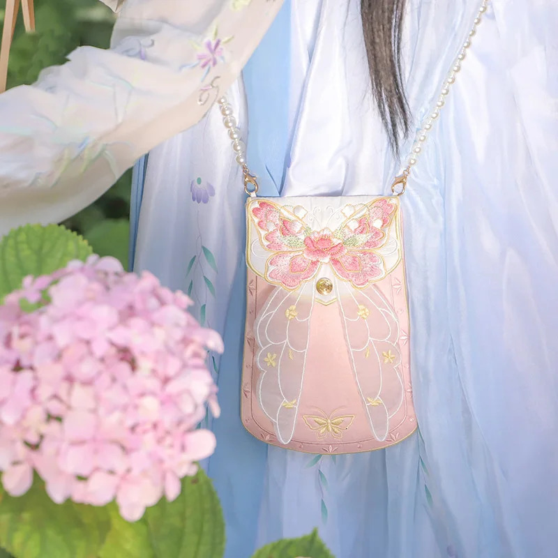 Hanfu Handbag Anime Cosplay Butterfly Pendant Purse Embroidered Bag Retro Chinese Style Fairy Pearl Chain Square 260307