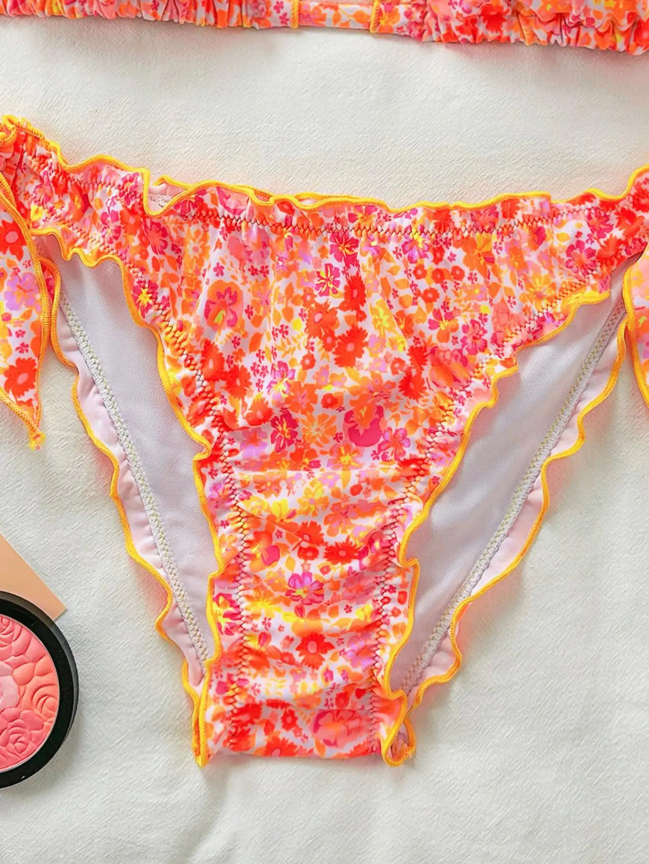 Cute Orange Floral Print Bikini Set Women Halter Ruffles Push Up Tie Side Thong Swimsuit 2026 Summer Bathing Suit Micro Swimwear 260306