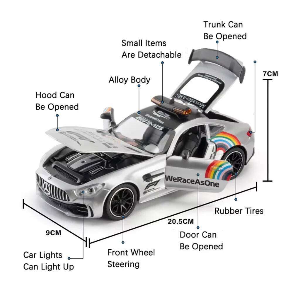 1:24 GTR ONE F1 Safety Car Alloy Model Toy Diecast Vehices Front Wheel Steering Doors Sound Light Pull Back Models Ornament Gift Z260306
