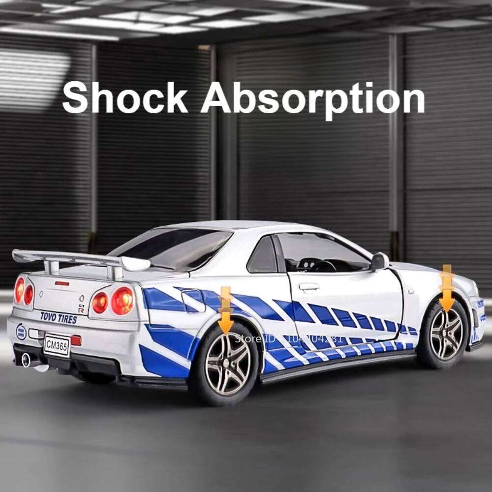 1:32 GTR R34 R35 Toys Alloy Model Cars Diecast Metal Miniature Vehices 4 Doors Opened Sound Light Pull Back Models for Kids Gift Z260306