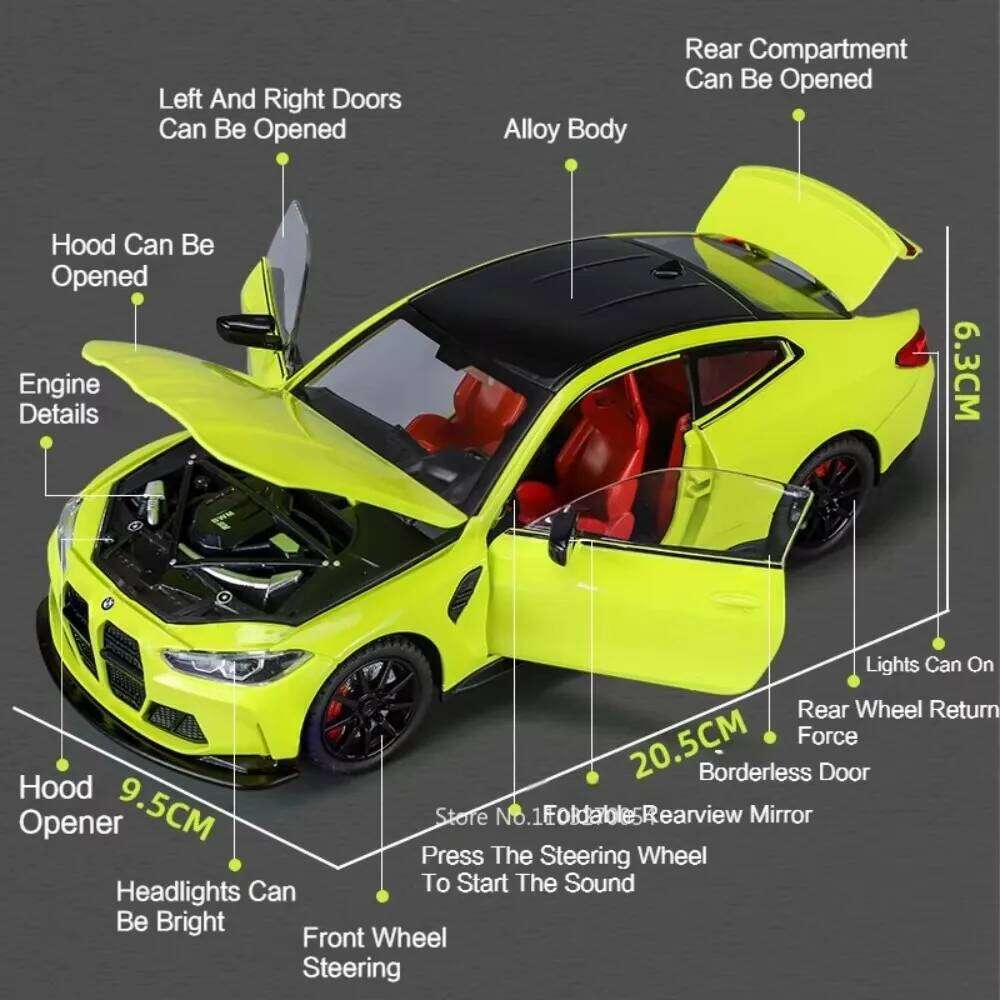 1:24 M3 M4 Model Toys Diecast Alloy Car 4 Doors Opened Sound Light Pull Back Front Wheel Steering Vehice for Boy's Birthday Gift Z260307