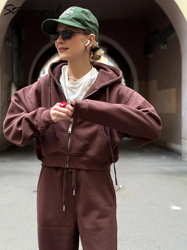 Women Tracksuits Winter Fleece Sweatsuit Brown Warm Crop Zipper Hoodies And Sweatpants Set For 2 Piece Velvet Pants Sets 260306
