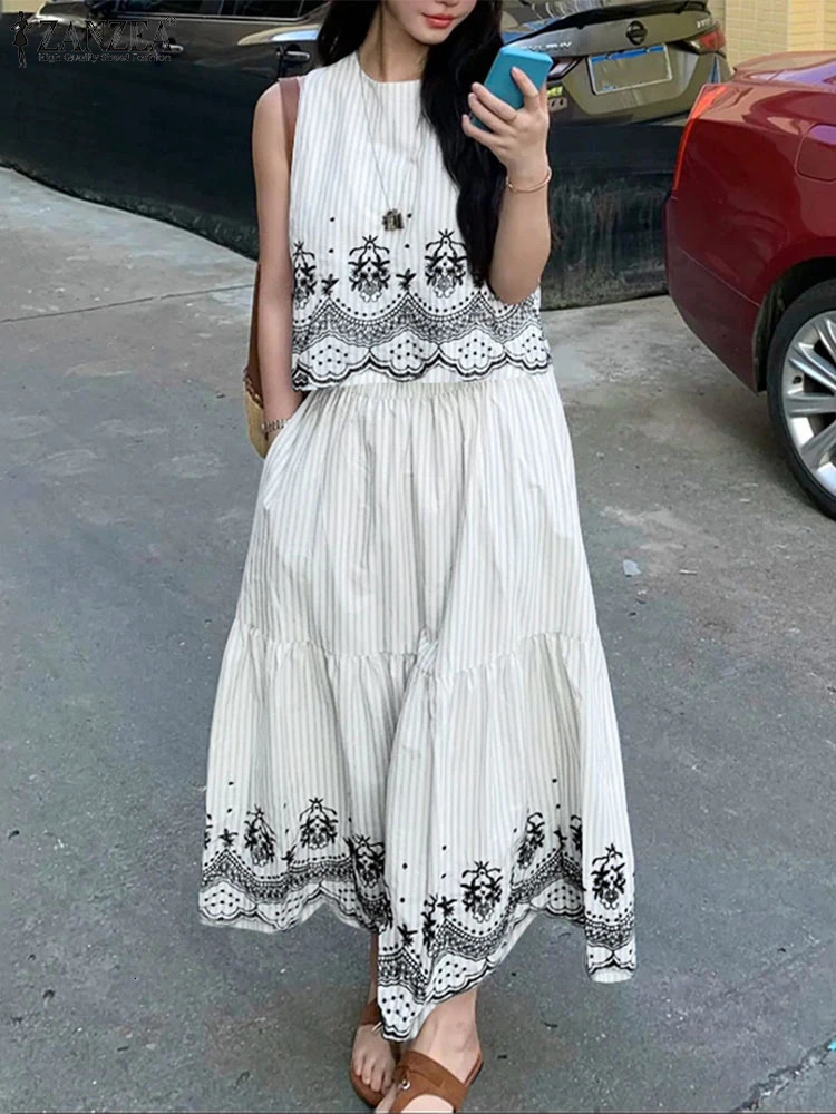 ZANZEA Fashion Striped Skirt Sets Women Vintage Printed Sleeveless Tops and ALine Long Skirts 2 Pieces Dress Woman Outfits 260306