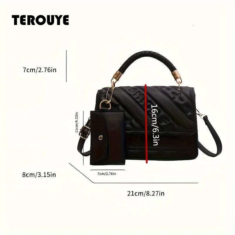 1Pc Trendy Quilted Handbag Adjustable Strap Stylish Black Shoulder For Women With Mini Coin Pouch Crossbody Purse TEROUYE