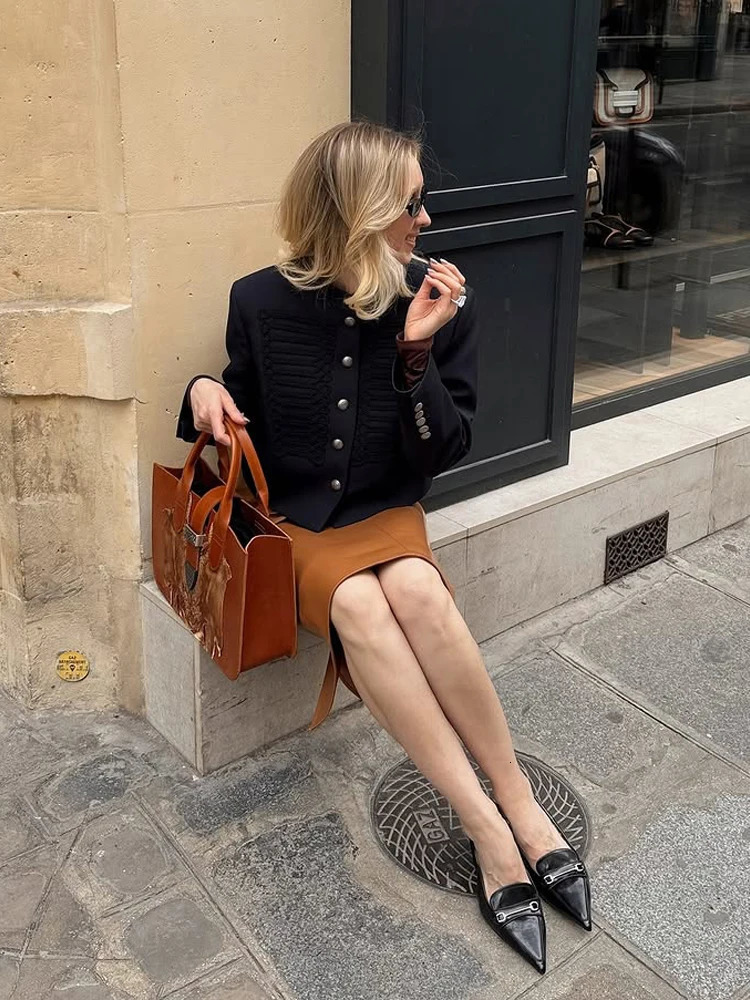 Chic Denim Military Jacket Women Casual Solid Stand Collar Single Breasted Slim Short Coats Spring Lady Daily Street Outfit 2026 260303