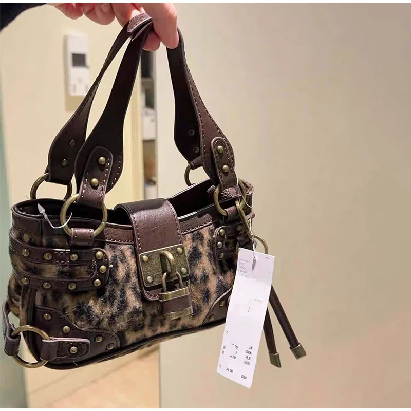 Vintage Rivet Handbag Fashion Highend Y2k Style Motorcycle Bag Leopard Print High-quality Pu Shoulder Crossbody Bag Wallet 260303