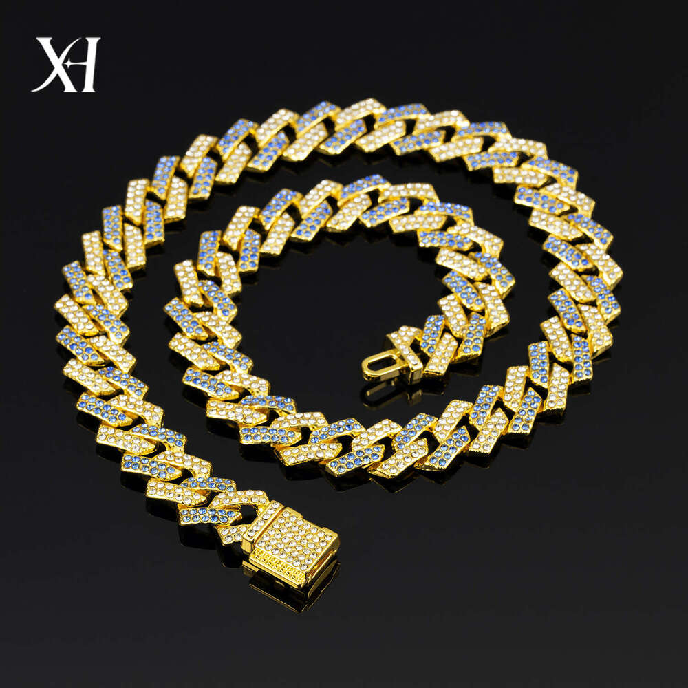 European and American Cross-Border Hot-Selling 15mm Diamond-Shaped Small Flip Cuban Chain High-Quality Pink Blue Hip-Hop Necklace Wholesale
