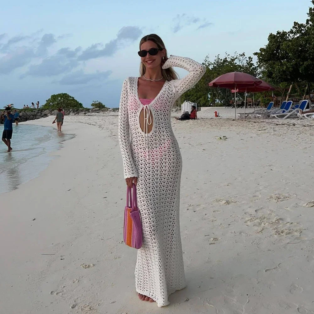 DRC Women Sexy Hollow Out Slim Maxi Boho Holiday White Knitted Beach Dresses Summer Long Sleeve Bikini Cover Up Dress 260306