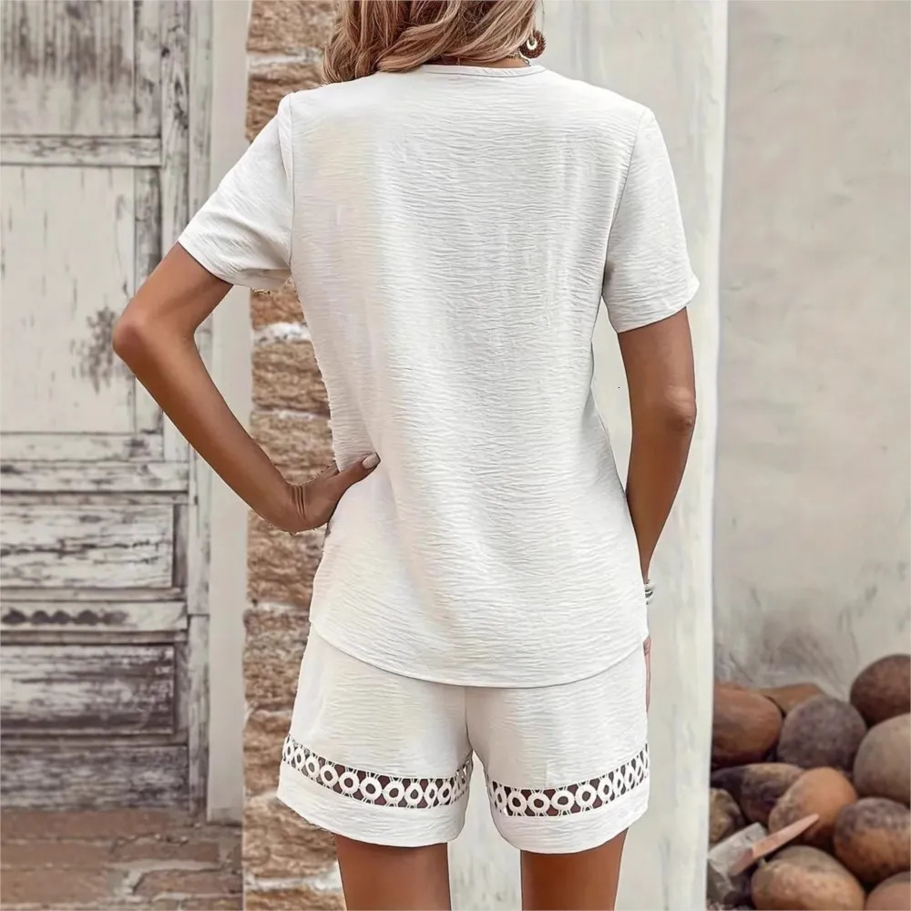 Fashion Lace V Neck Spliced Short Sleeve Womens Suit Casual Loose Home Wear Female Beach Vacation Shorts 2 Piece Set 260306