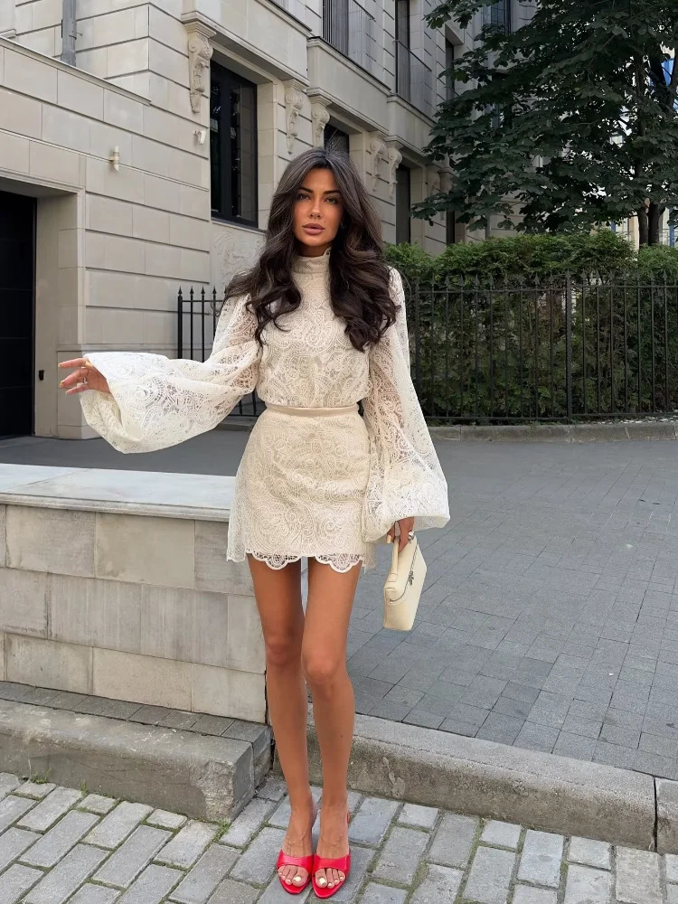 Trendy Lady Hollow Out Lace Mini Dress Elegant Long Sleeve Chic High Neck Short Vestidos Autumn Club Night Gown 260306