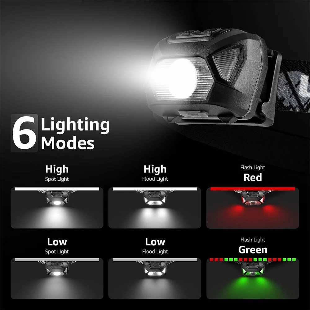 6 Modes Usb Rechargeable Headlamp IPX4 Waterproof Headlight Flashlights LED Head Lamp With Red Green Light For Outdoor Fishing H260307