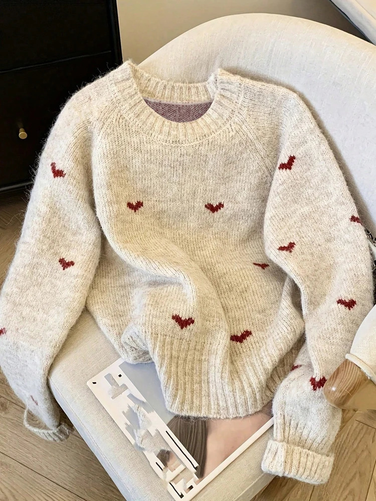 Autumn Winter Comfortable Heart Pattern Sweater Long Sleeve Pullover Round Neck Top Warm Versatile Womens Clothing 260306
