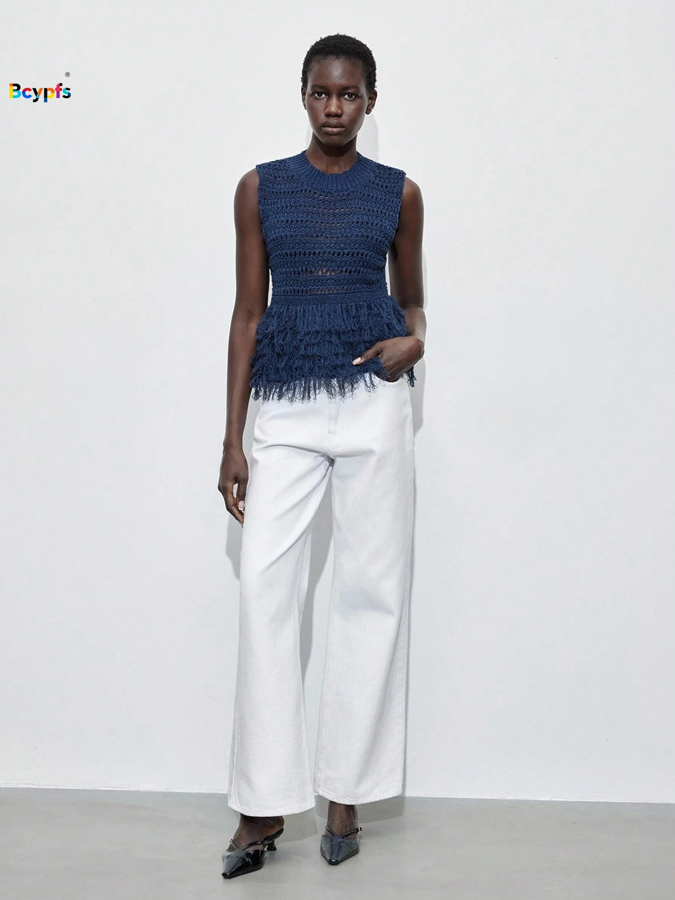 Trendy Women Navy Blue Sleeveless Crochet Top Hollow Out Fringe Peplum Hem Blouse Summer Vacation Daily Wear 260306