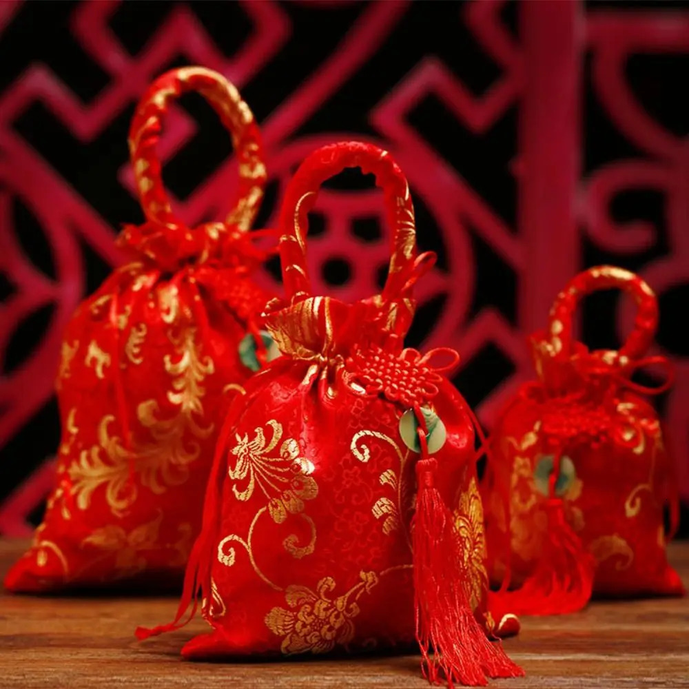 Chinese Style Canvas Flower Drawstring Bag Wrist Large Capacity Knot Tassel Handbag Korean Storage 260307