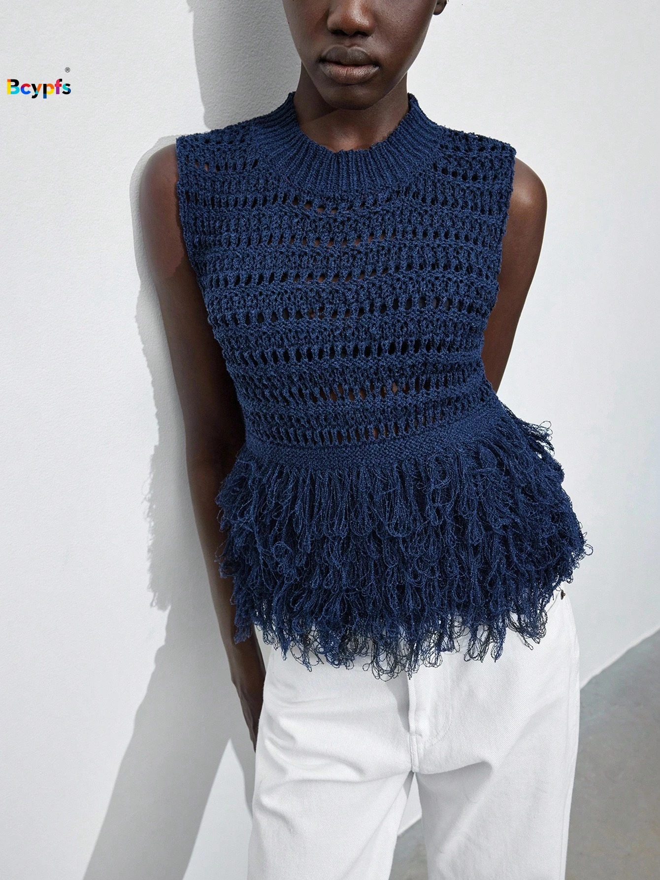 Trendy Women Navy Blue Sleeveless Crochet Top Hollow Out Fringe Peplum Hem Blouse Summer Vacation Daily Wear 260306