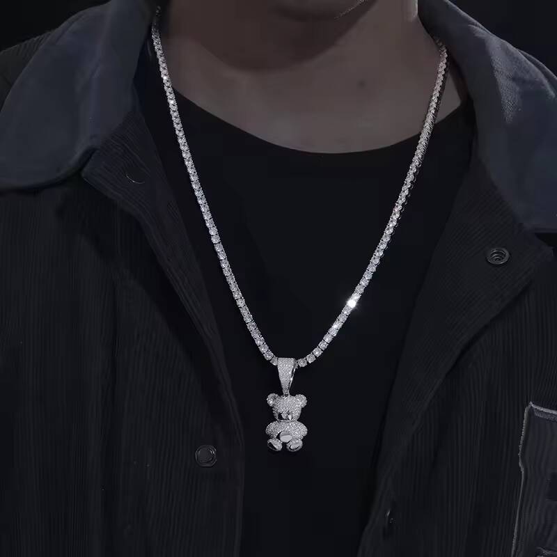 Wholesale 925 Sterling Silver Hip Hop Jewelry VVS Moissanite Iced Teddy Bear Pendant Necklace Cute Pass Diamond Tester