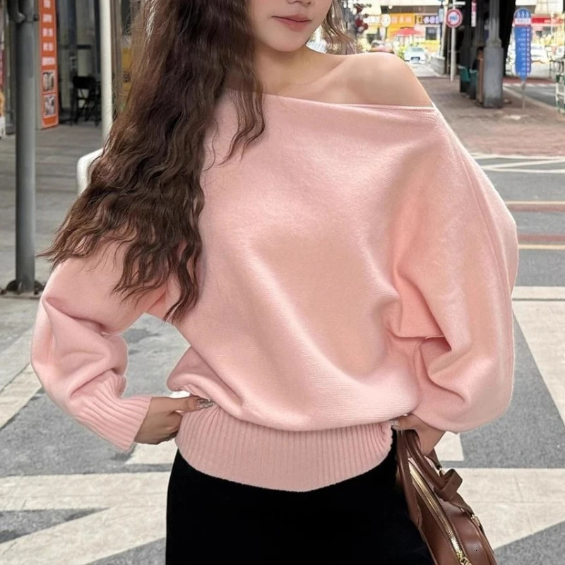 Batwing Long Sleeve Knitted Pullover Women 380g Thick Off Shoulder Top Korean Fashion Sweater Loose Casual Autumn Outwear Pull 260306