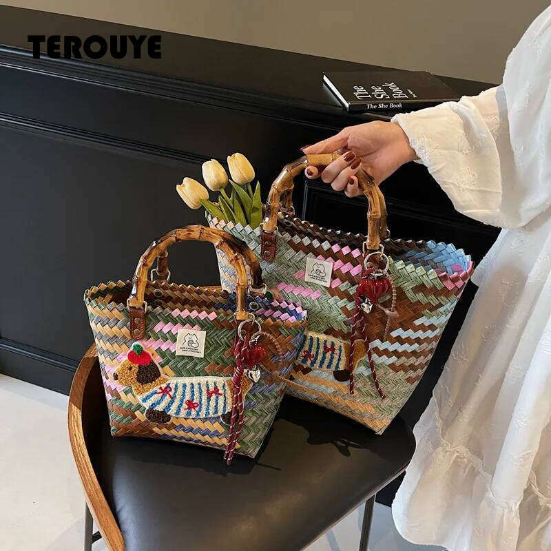 Vintage Striped Hand Woven Vegetable Basket Handbag For Women, Large Capacity Commuting Bag, Hand-Held Bucket Bag TEROUYE