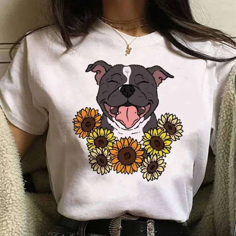Cartoon Sunflower Women's Casual Retro Cool Girl Dog Printed Round Neck Short Sleeved T-Shirt Daily Top Graphic Tee XJ260306
