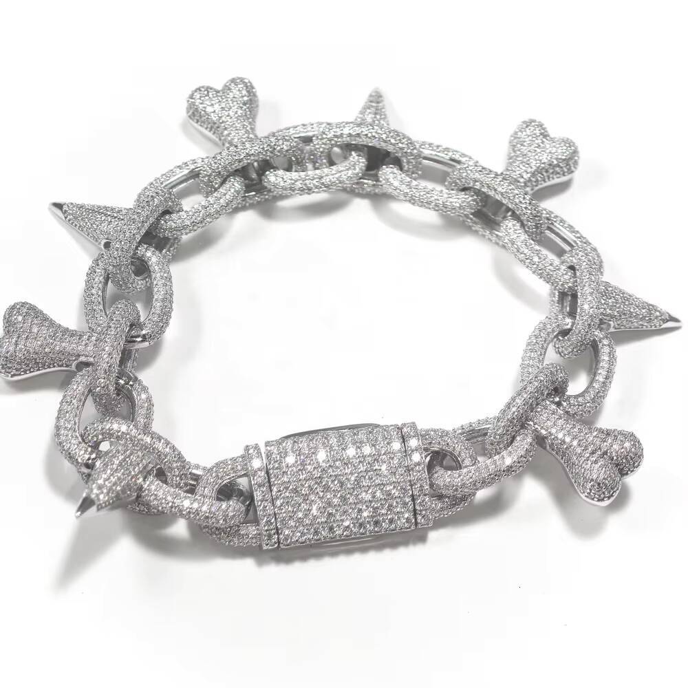 20MM Silver Heart Bone Spike Iced Out Chain Bracelet Punk Rivet Choker Bling Moissanite Mens Hip Hop Necklace Jewelry Party