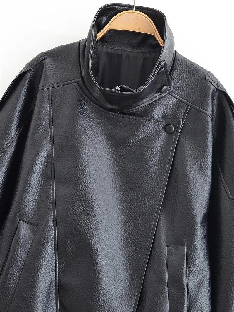 Womens Jacket Fall Black Long Sleeve Pebble Faux Leather Jacket Motorcycle Style Personality Fashion 260306