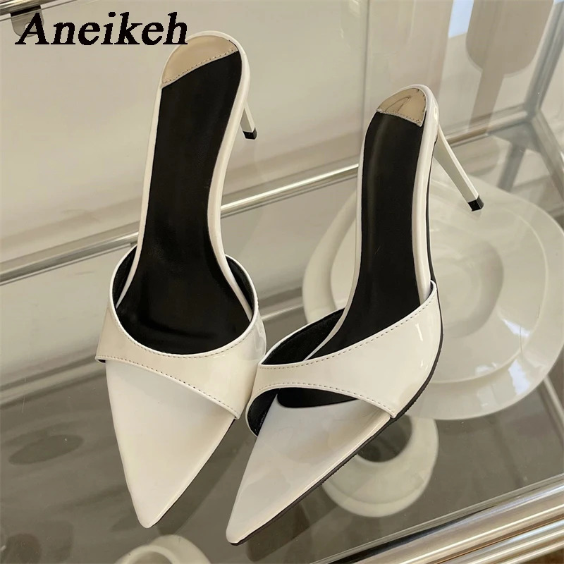 Aneikeh Fashion Sexy PU Shallow Slim High Heels Women Pointed Open Toe Outdoor Solid Color Anti Slip Sandals Slippers Mules 260306