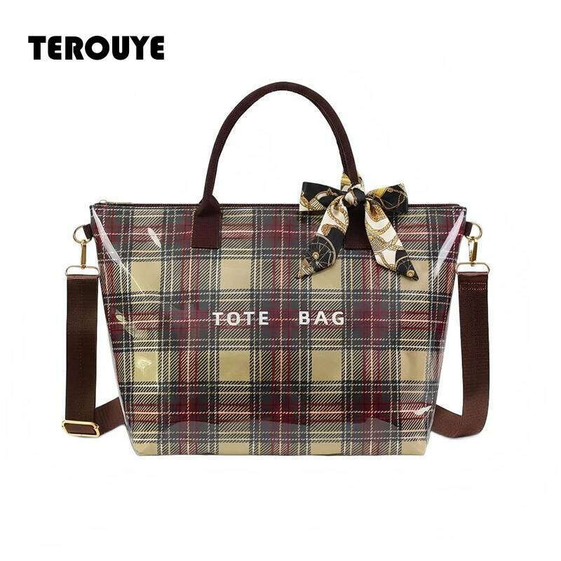 Transparent Plaid Pvc Women's Handbag Large Tote Waterproof Shopping Stylish British Style Simple Casual Commuter Bag TEROUYE