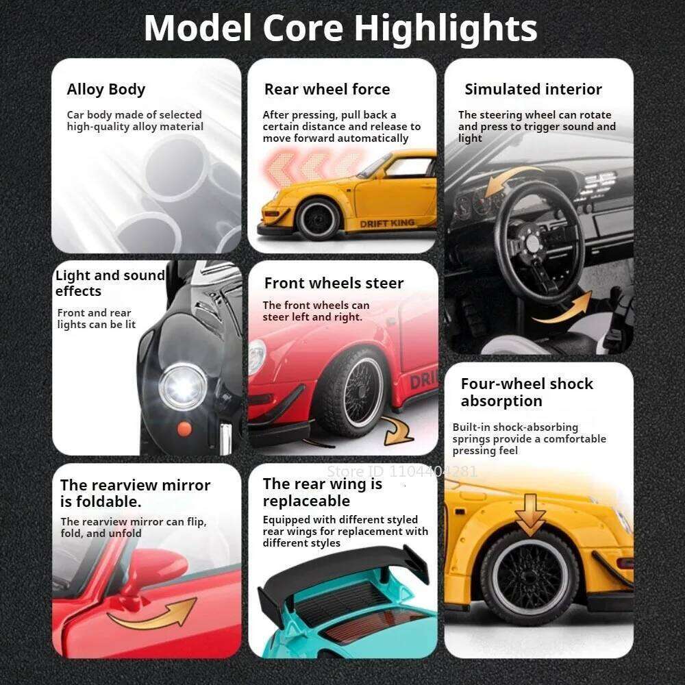 1:22 RWB 993 NA1 Miniature Sports Car Models Diecast Alloy Toys Doors Opened Sound Light Pull Back Vehices Collectible Ornaments Z260307