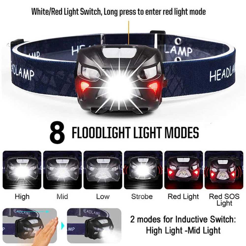 8 Mode Powerfull Headlamp Body Motion Sensor Head Flashlight Usb Rechargeable LED Headlight Camping Torch Flash Light Head Lamp H260307