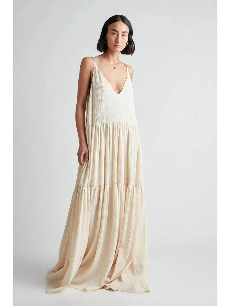 Summer Loose Laceup Sling Dresses Women Casual Solid Pleat Irregular Long Dress Spring Sexy Double V Neck Backless Hollow 260306