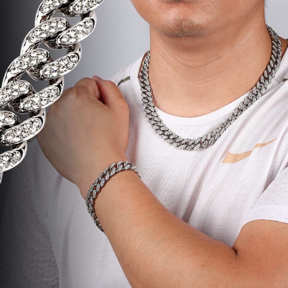 European and American Alloy 12mm Round Full Diamond Buckle Necklace Hip Hop Cross-Border Wholesale Cool High-Quality Cuban Chain