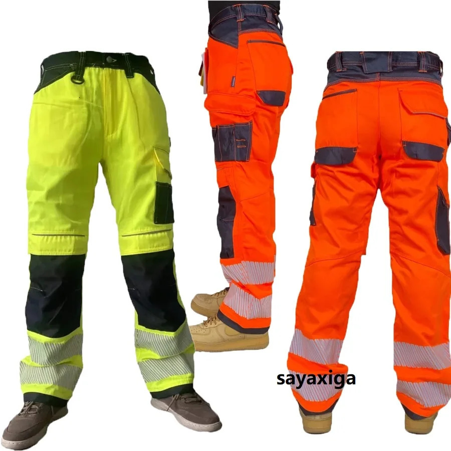 Reflective Stripe Pants Multi Pockets Cotton Construction Work Pants for Men Ouddoor Road Workwear Trousers Safety Cargo Pants 260305