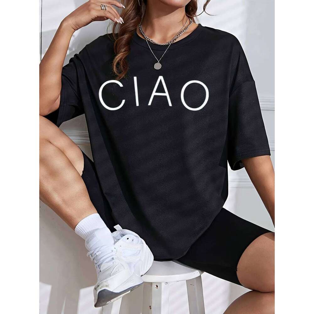 Women'S Letter Print Casual T-Shirt, Polyester Knit Fabric, Regular Length, Crew Neck, Fashion Top for All Seasons XJ260306