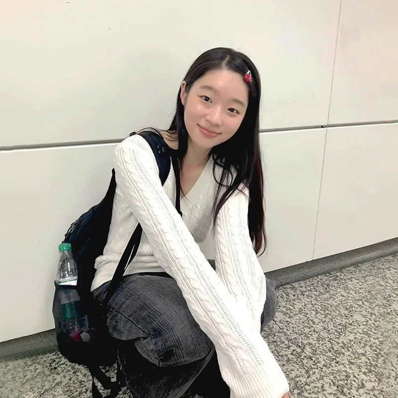 Karrram Japanese Y2k Vneck White Sweater Vintage Harajuku Knit Slim Pullover Korean Style Fall Winter Knitwear 2000s Aesthetics 260306