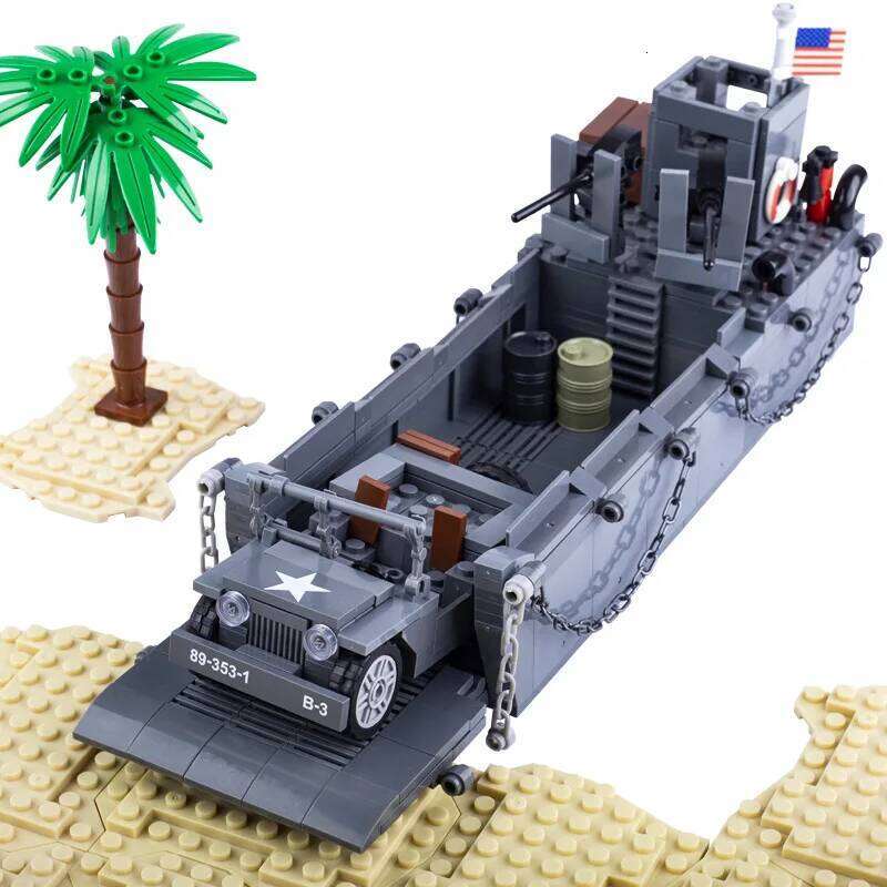 WWII US LCM3 Landing craft Carrying Jeep MOC Building Blocks Children's Military Model Assembly Toy Birthday Gift C260306