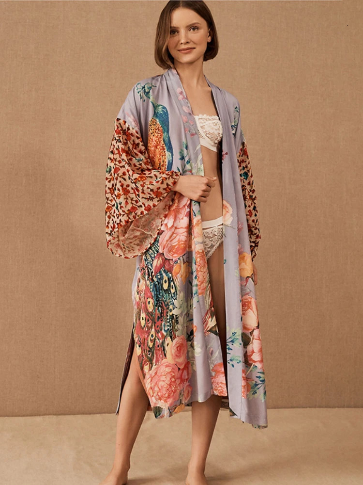 Beach Kimono for Women Peocock Printed Swimsuit Cover Up Self Belted Wrap Dresses Seaside Bathing Suits Beachwear 260228