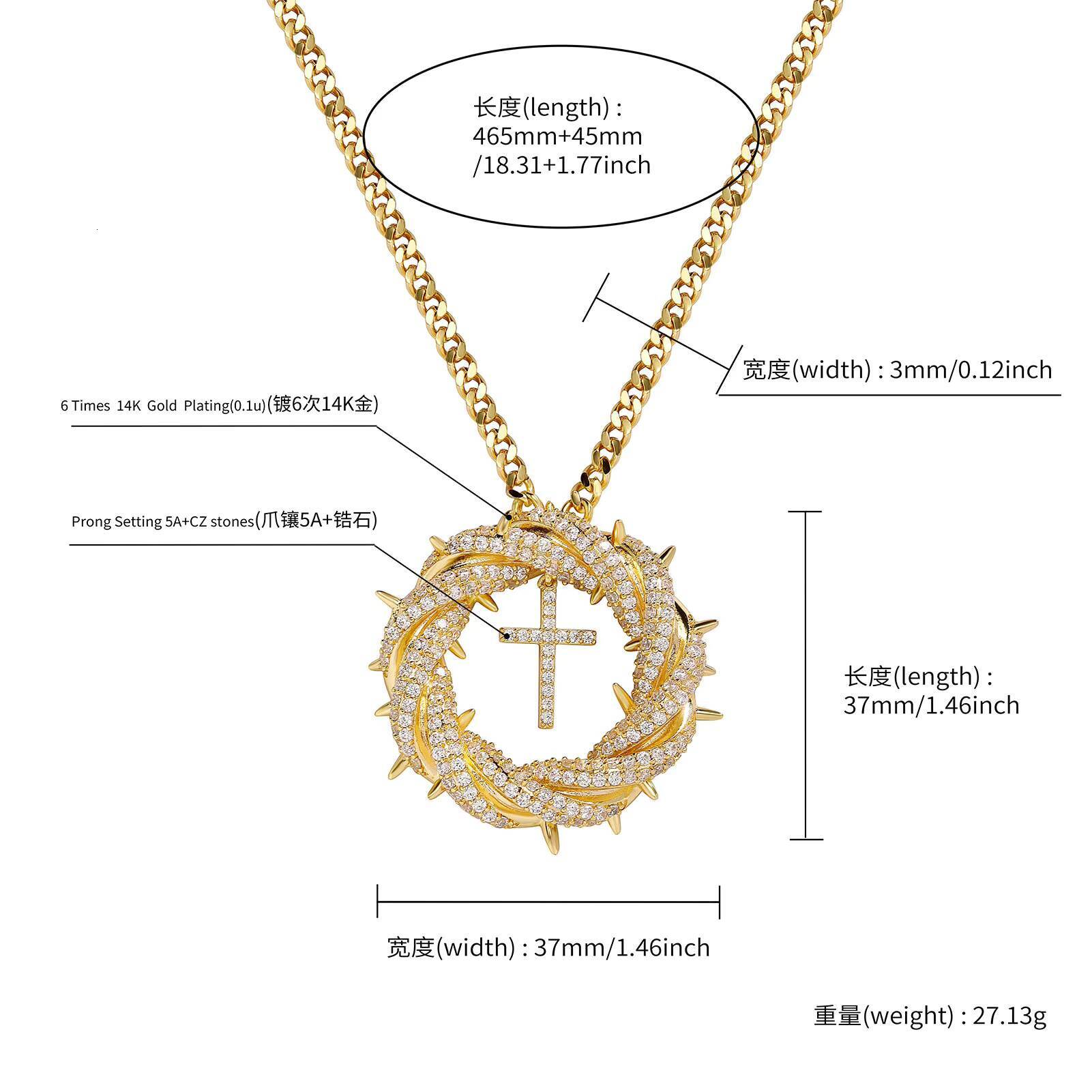 Stylish Trendy Fashion Bling Hiphop Shiny Stylish Jewelry Iced Striking Zircon Brass Thorn Hoop Cross Pendant Necklace