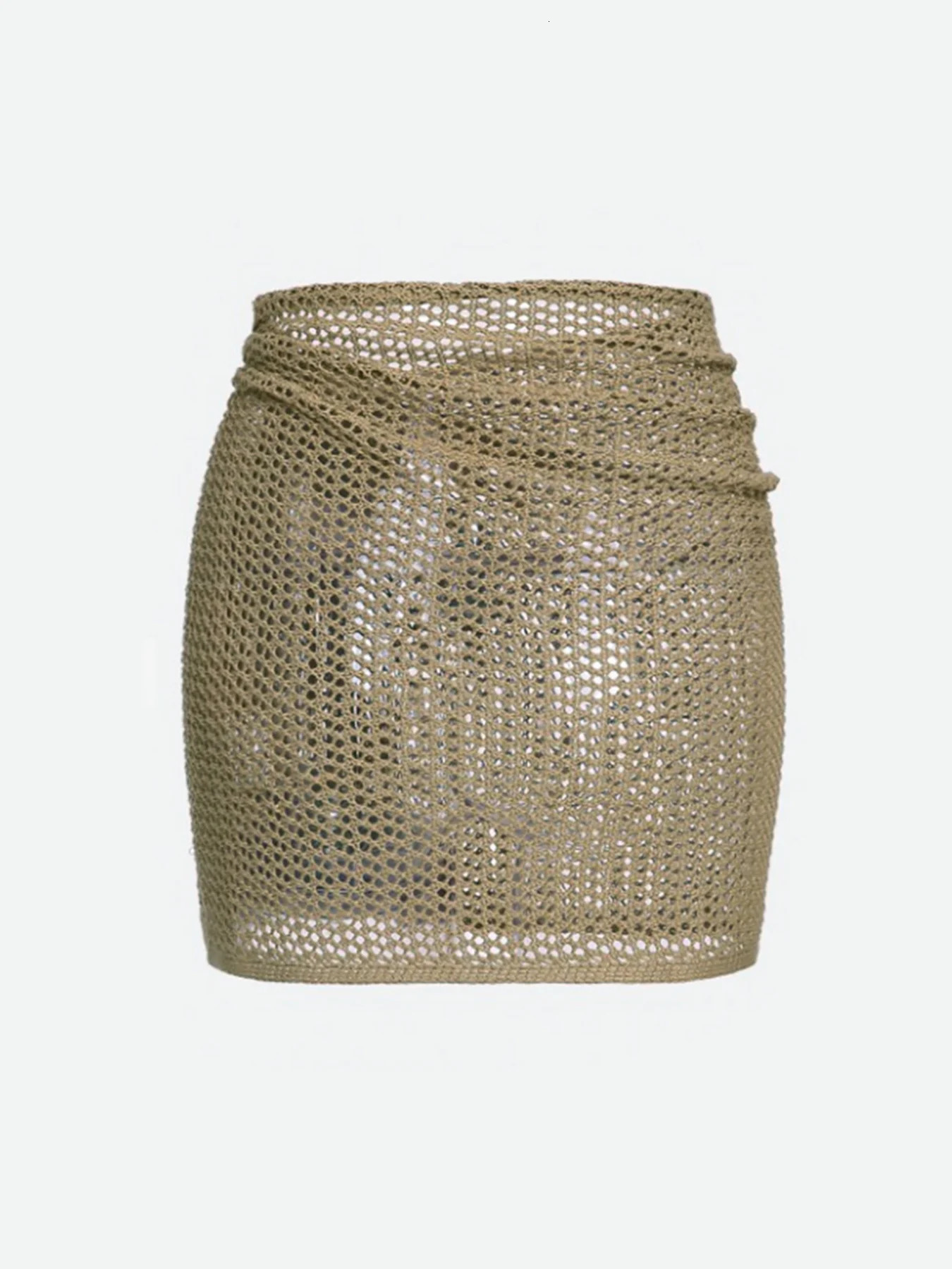 Womens Knitted Short Skirt with Hollow Straps and Slit Sexy Beach Coverup Shirt for Summer 260306