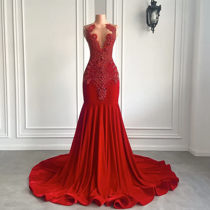 Gorgeous Long Prom Pageant Dresses 2026 Luxury Sparkly Beaded Diamond Sexy Mermaid Sheer Top Black Girl Velvet Evening Party Formal Gowns Robe De Sori