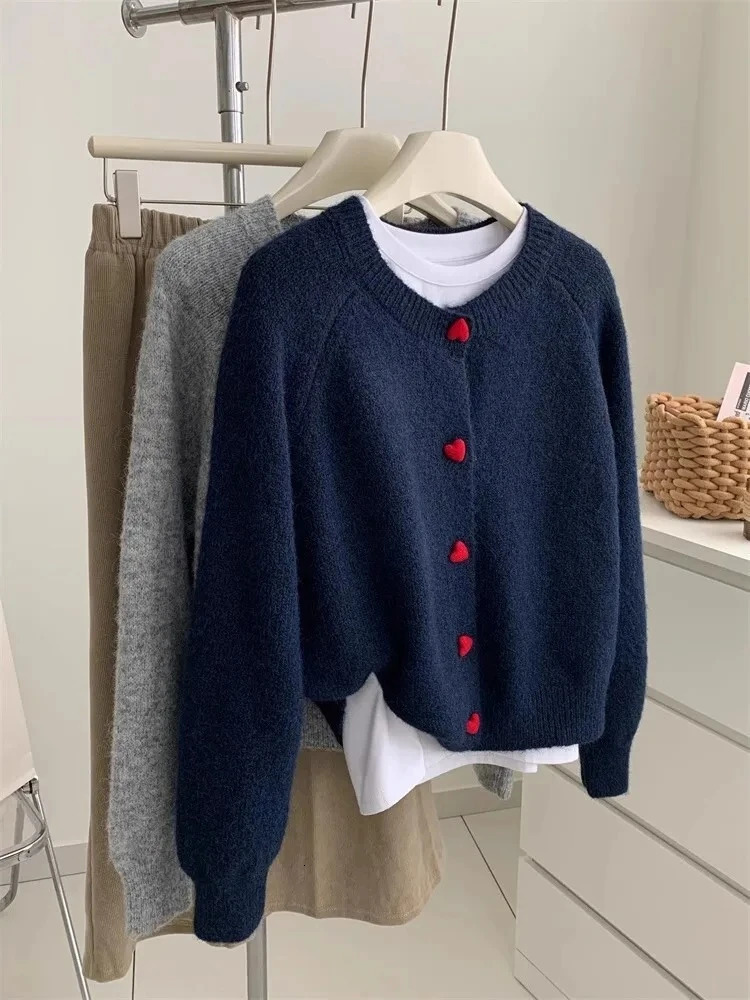Deep Grey Wool Knitted Cardigan For Women 2026 Autumn Winter Soft And Sticky Warm Love Buckle Shoulder Sleeves 260305