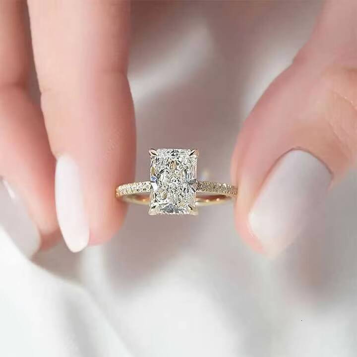 VOAINO Luxury International Standard Ring Size 9k/Pt950 1 CT Radiant Cut Diamond Four Claw Prong Gold Ring for Women
