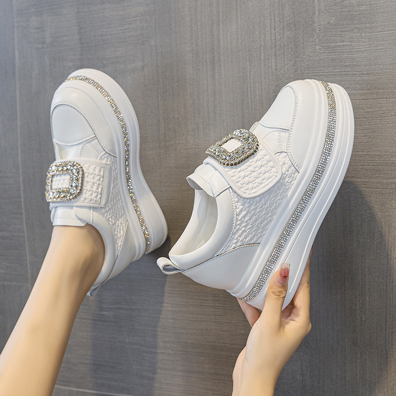 2026 Women's Rhinestone Buckle Platform Sneakers, Hidden Wedge Heel Casual Shoes Sizes 35-40