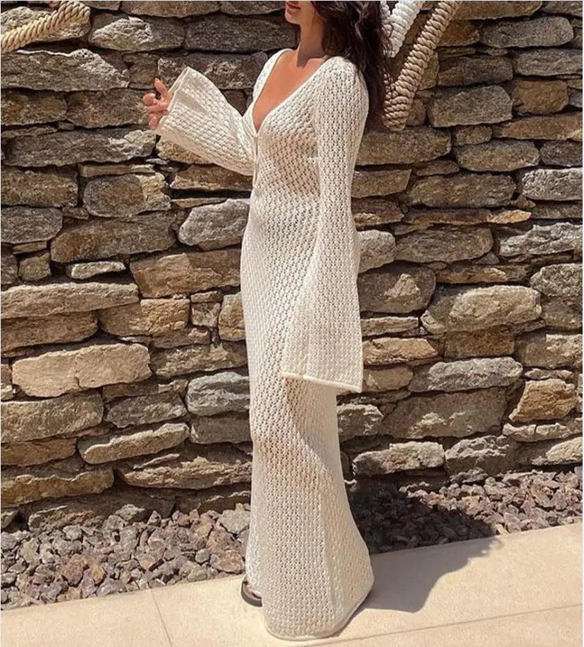 Yiiciovy Sexy Women Long Knit Beach Dress HollowOut Deep VNeck Sleeve Bikini CoverUps Fall Backless Holiday 260228